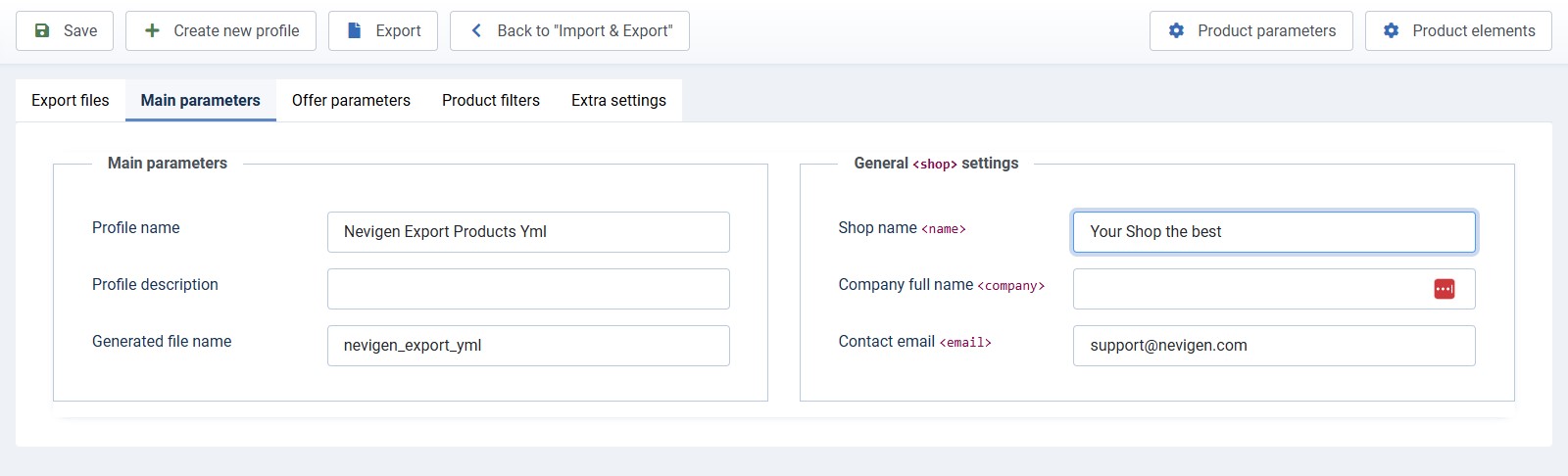 Основные параметры YML Feed Export для JoomShopping