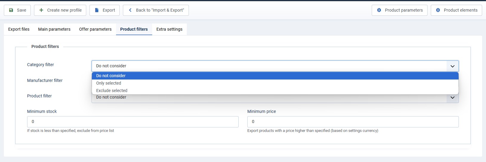 Фильтры товаров YML Feed Export: категории, производители, товары, остаток и цена