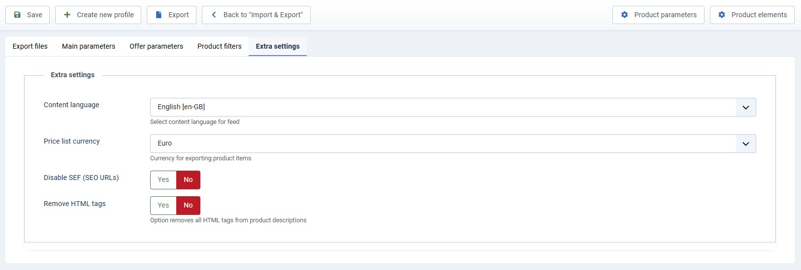 Дополнительные параметры YML Feed Export: язык, валюта, SEF URL и HTML